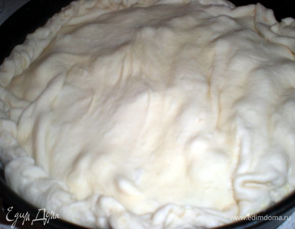 Накрыть вторым листом теста.Края хорошо скрепить,поднимая их вверх.Смазать разболтанным желтком.Острым ножом сделать надрезы.