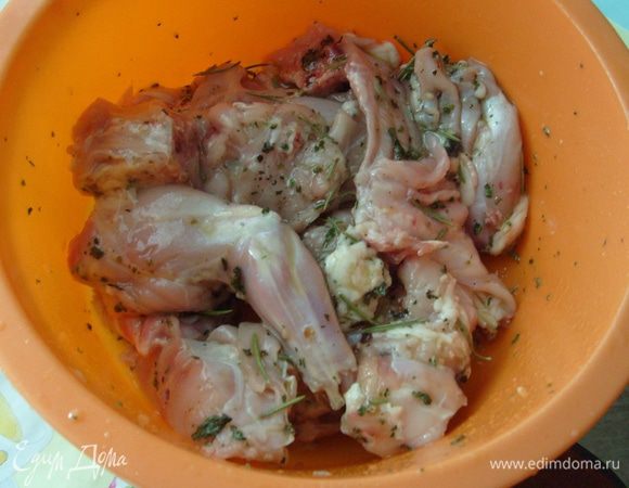 Порубить тушку кролика на порционные куски и замариновать в маринаде на 2-3 часа.