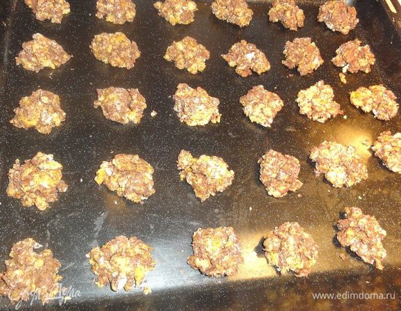 Нагрейте духовку до 190 гр. На противень выложите чайной ложкой нашу смесь на расстоянии 4-5 см. друг от друга. Она будет разваливаться, но это не страшно, можно поправить руками) Дочь очень недоверчиво смотрела на мои "кучки"))) 