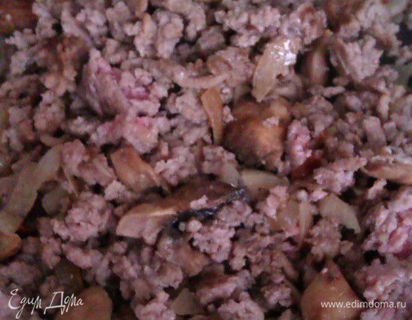 Добавляем фарш, даем ему тоже обжариться.