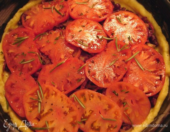 Сверху кружочки помидоров, присыпать листиками трав.