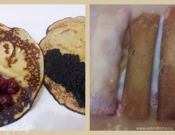 Начинаем собирать нашу запеканку: На край блинчика положить начинку и свернуть рулетом. Три блинчика с маком и три блинчика с вишней.
Укладываем запеканку в форме домика. Для этого форму в которой будете выпекать, застелить пергаментом и по размеру будущей запеканки выложить столовую ложку творожного теста, размазать. 