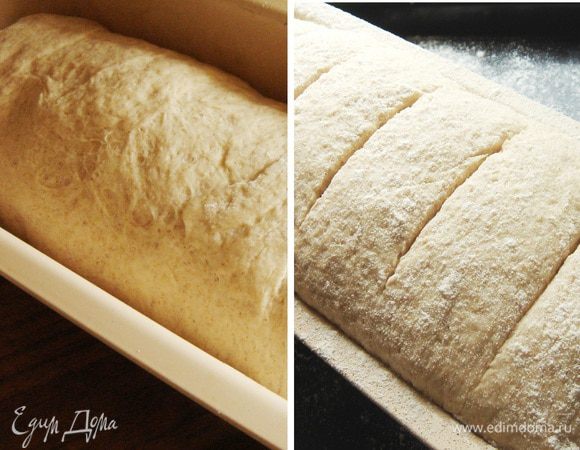 Хорошо подошедшее тесто выложите на рабочую поверхность (под липкое тесто подсыпьте немного муки или сбрызните поверхность растительным маслом), разомните его руками в прямоугольник, а затем сверните в рулет.