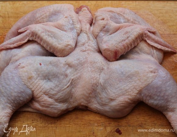 Цыпленка помыть и обсушить... Разрезать вдоль грудки и раскрыть, как книжку. Положить на доску спинкой вверх, накрыть пленкой и слегка отбить , что бы тушка стала более плоской.