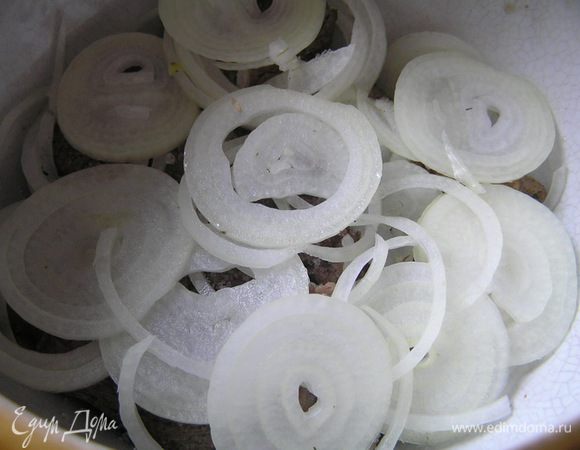 Сверху выложить лук, нарезанный кольцами,