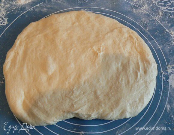 Готовое тесто ( оно должно увеличиться в 2 -2,5 раза) очень мягкое; выложить его на посыпанную мукой поверхность и расправить руками в прямоугольник. 