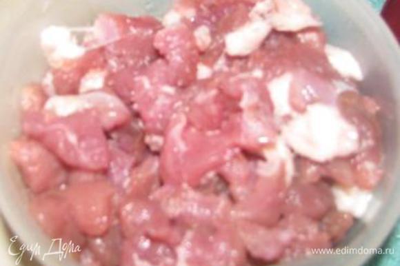 Берем мясо любое (говядина, свинина, баранина, курица), режем мелкими кусочками (1Х1).