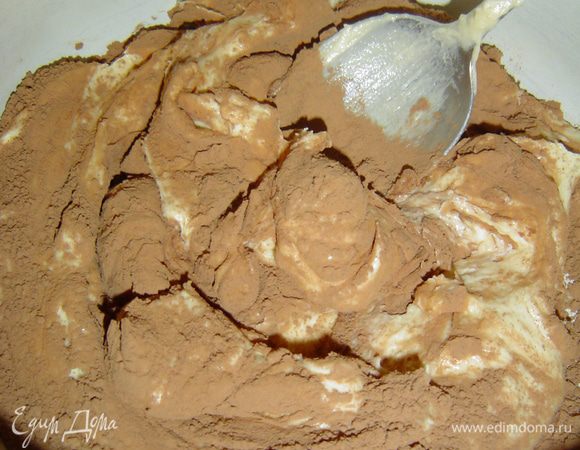После добавления первого яйца кладем одну столовую ложку муки, чтобы смесь стала однородной. К яично-масляной смеси постепенно  добавляем просеянную с разрыхлителем муку, соль, ванильный сахар, при этом не прекращая взбивать. От полученного теста отделяем 5 столовых ложек, добавляем какао и тщательно перемешиваем.