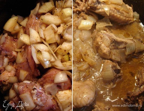 В толстостенную кастрюлю выложить лук и кусочки курицы, хорошо перемешать,накрыть плотно крышкой и поставить на медленный огонь(я ставлю на самую большую конфорку на самый маленький огонь). Если нет в арсенале такой кастрюли,то можно под обычную подставить рассеиватель. Яйца сварить и очистить. Через  50-60 минут курица с луком хорошо уварятся и будут покрыты собственным соком. 