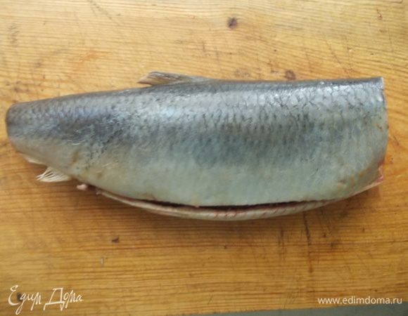 Сельдь разморозить, почистить и хорошо вымыть.