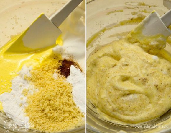 Миндально-коричный бисквит:
Разогреваем духовку до 200 С.
Отделяем белок от желтка. Желток взбиваем с сахарной пудрой и горячей водой. Взбиваем белок со щепоткой соли в устойчивую пену. Теперь в миску с белком выкладываем желтковую смесь, добавляем рисовую муку, миндальную муку, разрыхлитель. Аккуратно, но уверенно, перемешиваем и выкладываем получившееся тесто в форму застеленную пергаментом.