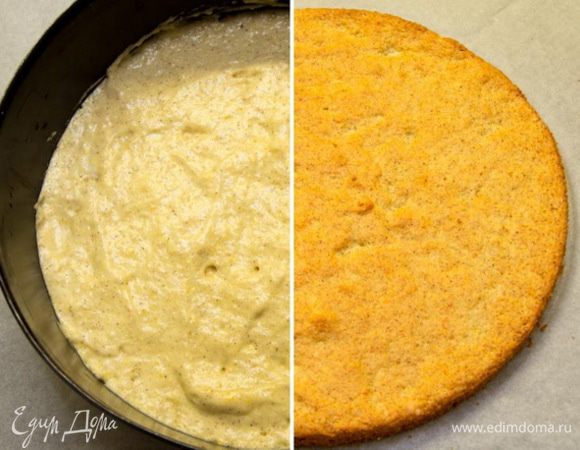 Выпекаем 10 минут. Вынимаем из духовки и переворачиваем нашу форму на решетке, даем таким образом остыть бисквиту полностью. Это позволит остаться ему ровным и не даст опасть.