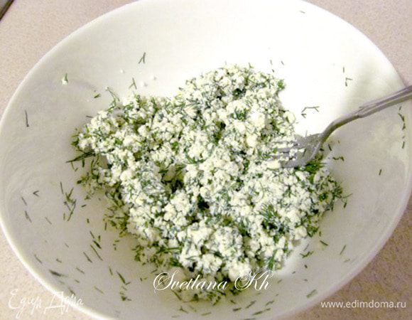 Творог посолить, поперчить, добавить укроп и раздавленный зубчик чеснока. Размешать до однородности. Кто хочет начинку нежнее, можно поджарить лук в небольшом количестве масла и добавить в творог сырое яйцо. Мне хотелось  получить более пикантную начинку.