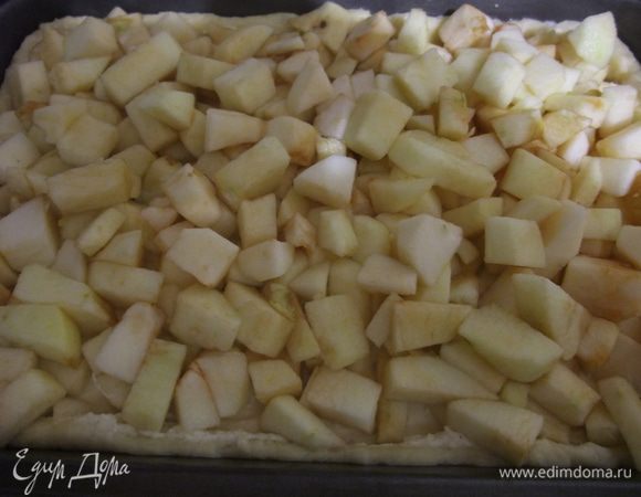 Для начинки растереть творог с яйцами , всыпать порошок пудинга, добавить цедру и сахар. Смесь выложить на тесто и разровнять. 
Яблоки вымыть, почистить. Нарезать кубиками сбрызнуть лимонным соком и выложить на  творожную массу. Нагреть духовку до 180 градусов.