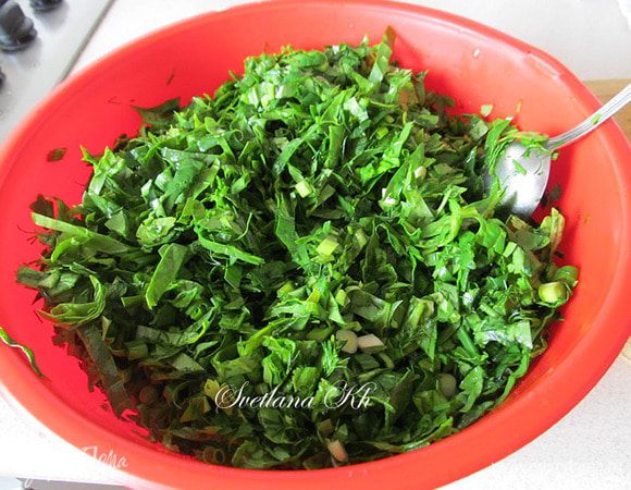 Приготовить зелень. Хорошо промыть ее в проточной воде, оставить для просушки. Не солить заранее. Добавить только специи и черный перец.