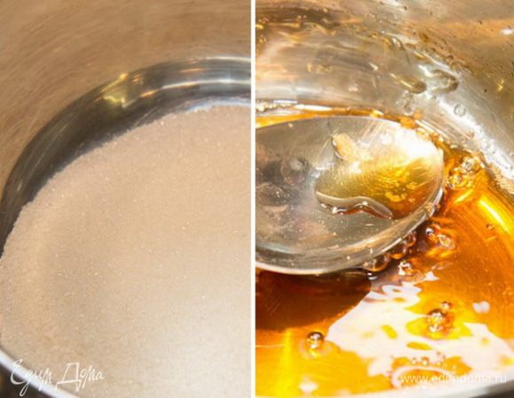 Грушевый бисквит.
Духовку разогреть до 180 0С.
Чистим 1 грушу. Режем на мелкие кусочки.
3 ст.л сахара насыпаем в сотейник, добавляем 1 ст.л. воды. Растворяем сахар и ждем, пока он станет красивого золотистого цвета,  добавляем еще 5 ст.л. горячей воды. Получился жидкий янтарный сироп.