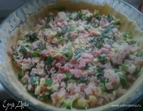  Форму смазать маслом.  Тесто разделить на 2 части и  раскатать.1 часть теста выложить в форму,затем положить начинку.