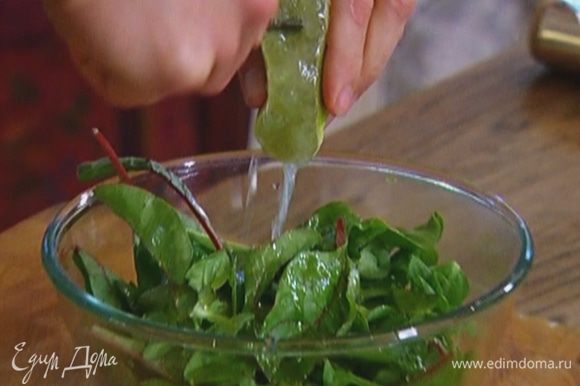 Листья салата посолить, поперчить, сбрызнуть оливковым маслом Extra Virgin и соком лайма, все перемешать.