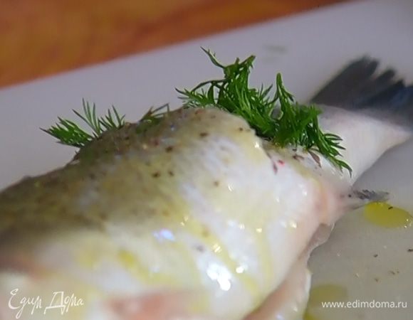 Посолить, поперчить рыбу изнутри и снаружи, сбрызнуть оливковым маслом, начинить тушку и разрезы веточками укропа.