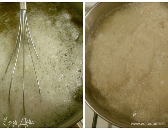 Из бульона удалите шумовкой коренья и приправы. Морковь пока отложите. Для заливного необходим концентрированный прозрачный бульон, поэтому для осветления используется яичный белок. Взбейте его до легкой пены и добавьте к бульону. На маленьком огне доведите бульон до кипения, постоянно помешивая. Белок соберет на себя все хлопья.