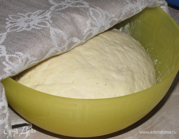 Перемешивая, постепенно всыпать муку и замесить мягкое, не липнущее к рукам тесто. Положить тесто в чистую миску, накрыть пленкой и дать подняться в теплом месте, 1 час.