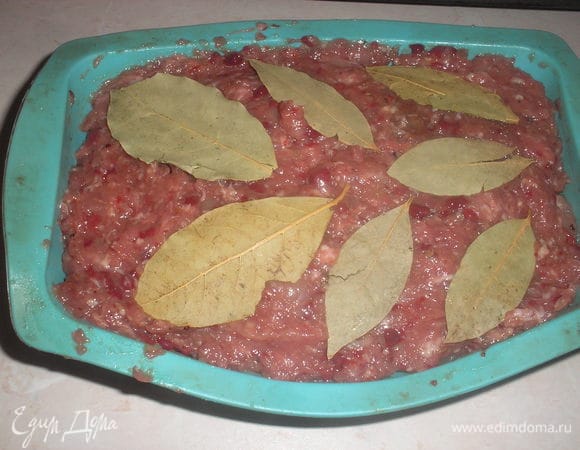 Через указанное время фарш вынимаем из холодильника, добавляем яйцо, перемешиваем. Выкладываем фарш в прямоугольную форму. Сверху выкладываем несколько листочков лаврового листа.