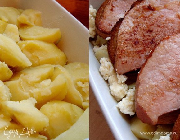 В жаропрочную форму(28х20х6 см) выложить картофель и размять его немного и обсыпать раскрошенным адыгейским сыром. Сверху выложить бутерброды из хлеба и мяса. Залить всё луковым соусом,присыпать натёртым твёрдым сыром. Запекать в духовке при 180*С около 15-20 минут. Приятного аппетита!