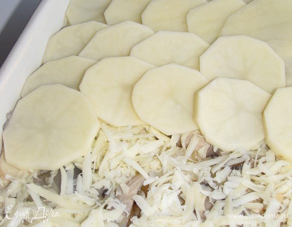 Форму для выпечки смазать маслом. Выложить третью часть картофеля, сверху положить половину грибной смеси, посыпать сыром. Сделать еще один картофельный слой, положить оставшиеся грибы и накрыть оставшимся картофелем, пересыпая слои сыром. Верхний слой сыром не посыпать. 