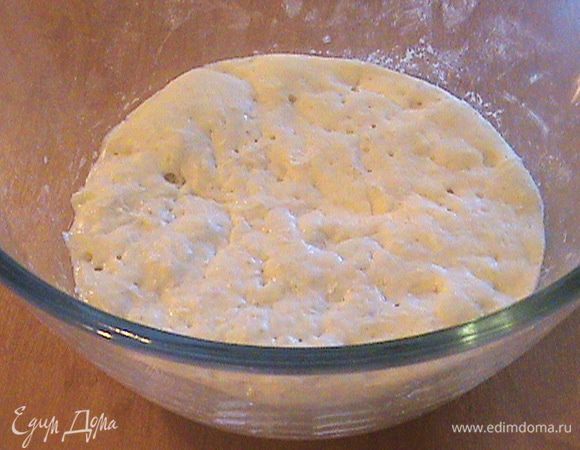 Готовим притвор: смешиваем просеянную муку с солью и вливаем сюда воду с растворенными в ней дрожжами. Замешиваем притвор пару минут. Накрываем посуду крышкой или плёнкой и ставим в тёплое место на 8-24 ч. Вот так выглядит готовый притвор.