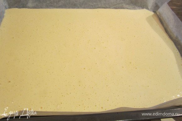 Выложить тесто на противень, разровнять и выпекать около 15 мин.в разогретой заранее духовке при т.180 гр.