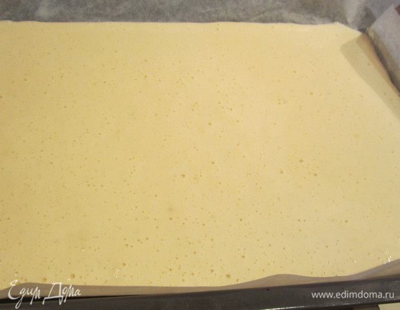 Выложить тесто на противень, разровнять и выпекать около 15 мин.в разогретой заранее духовке при т.180 гр.