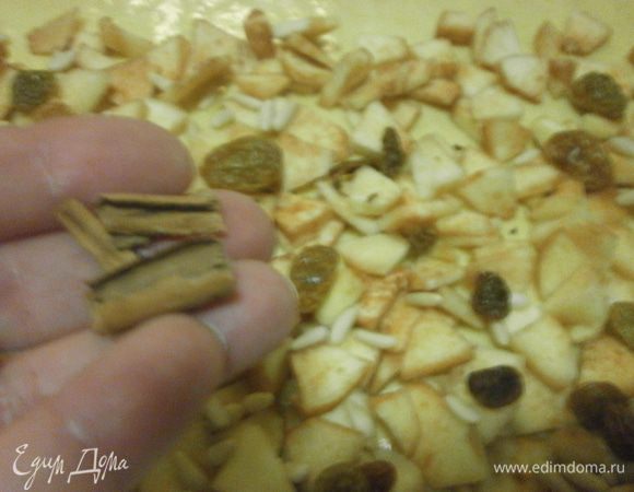 Распределить равномерно изюм. Палочку корицы растереть в руках и посыпать сверху.