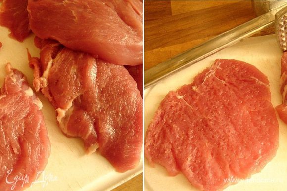 Мясо, очищенное от плёнок и лишнего жира, разрезать поперёк волокон на кусочки толщиной 1 см. Кусочки хорошо отбить с обеих сторон.
