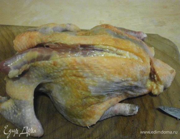 Займёмся тушкой птицы.
При необходимости обжечь, помыть, обсушить и удалить лишние волоски. Первый надрез делаем вдоль по спинке, вдоль хребтовой кости, легко касаясь центральной кости.