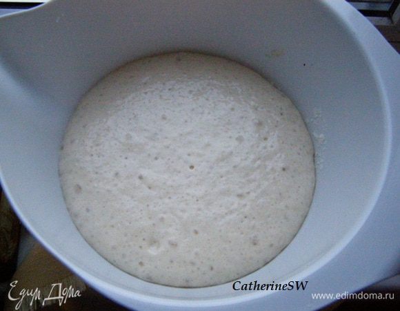 Дрожжи разведем водой, смешаем с мукой. Накроем миску махровым полотенцем, смоченным горячей водой и тщательно отжатым. Уберем опару в шкаф, подальше от сквозняков, для расстойки. Опара должна увеличиться в двое-трое. Времени потребуется около часа