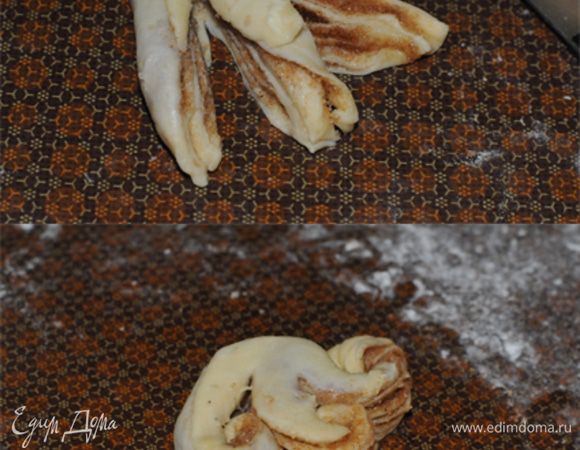 Тюльпанчик. Точно так же рулетик разрезать на 2 части, затем — с одного края на 3 части. Свернуть края в одну сторону.