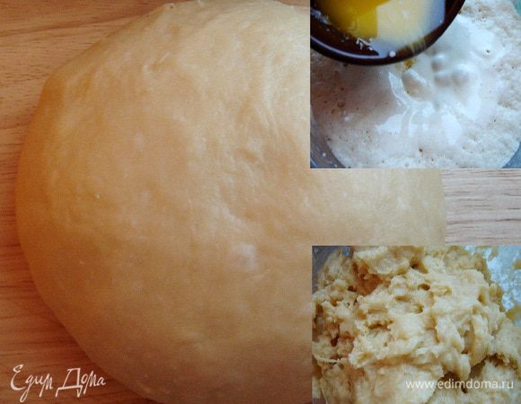 Желтки растереть с сахаром добела. Сливочное масло растопить и смешать с желтками. Добавить сливочно-желтковую массу в опару,размешать. Добавить оставшуюся муку и замесить липкое тесто. Месить следует минут 20,тогда тесто соберётся в ком и перестанет липнуть. Положить тесто в глубокую миску,затянуть плёнкой и убрать в тёплое место на 1,5- 2 часа. За это время тесто 1 раз обмять.