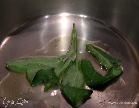 В большую кастрюлю вливаем оливковое масло, добавляем листья шалфея и готовим их около 30 секунд. Затем листья убираем, а масло сохраняем.