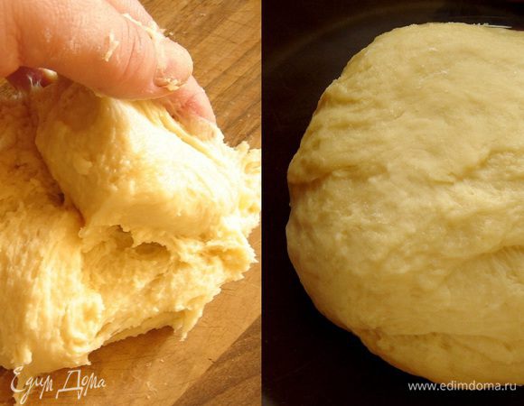 На рабочую поверхность просеять горкой муку с солью,в середине сделать углубление. Смешать масло,яйцо,мёд и тёплое молоко. Вылить в углубление смесь и опару и аккуратно замесить липкое тесто. Месить не менее 20 минут и тесто перестанет липнуть. Положить тесто в глубокую миску,затянуть миску пищевой плёнкой и убрать в тёплое место на 20-30 минут.