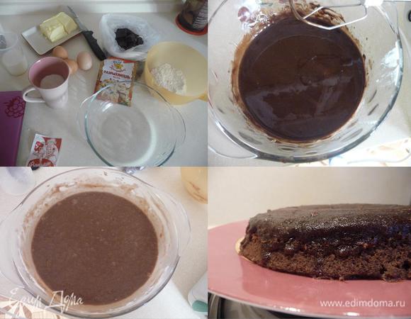 Бисквит (форма примерно 18 см): Темный шоколад и масло растопить в микроволновке. Хорошо размешайте до образования блестящей однородной массы. По одному добавьте яйца, не взбивая, но хорошо размешивая. Насыпьте сахар, ванилин сюда же влейте молоко. Теперь всыпьте муку с чайной ложкой разрыхлителя . Выпекайте при 800 Вт в микроволновке в течении 5 минут. Если бисквит еще немного сырой,то перевернуть его и поставить минут на 3 опять в микроволновку. После дайте постоять ему 5-7 минут, в это время он еще готовится. После этого можно вынимать. Ниткой разрезать бисквит на две части. Можно пропитать (я этого не делала).
