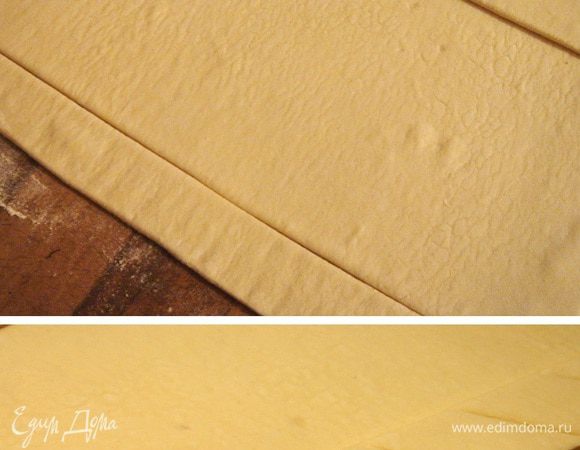 Слоёное тесто раскатать в прямоугольник 20х25 см. От длинных сторон прямоугольника отрезать 2 полоски по 3 см в ширину.Смазать края прямоугольника белком и приклеить отрезанные полоски. Обратной стороной лезвия ножа нанести рисунок на полоски,вдавливая нож крест-накрест. Смазать полоски желтком. Среднюю часть теста часто наколоть вилкой. Выпекать при 200*С.