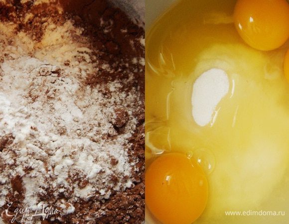 Для шоколадного бисквита взбить яйца с сахаром и уксусной эссенцией до светлой пышной массы. Муку смешать с крахмалом и какао и аккуратно подмешать к яйцам.