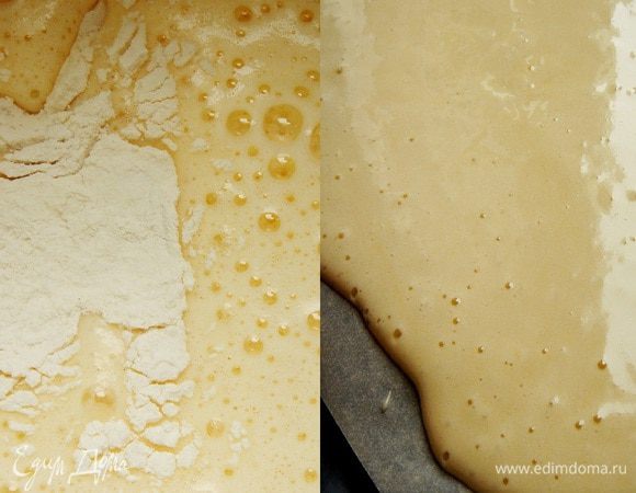 Для рулета взбить яйца с сахаром и уксусной эссенцией в пышную светлую пену. Смешать муку с крахмалом и аккуратно смешать с яйцами. Противень застелить пергаментом. Вылить тесто на противень,разровнять по всей поверхности противня и выпекать при 200*С 5 минут. Готовый бисквит остудить. От себя: я,исходя из особенностей моей духовки, обычно увеличиваю время выпечки. В случае с этим бисквитом мне этого не понадобилось. Я готовила торт дважды и в первый раз пропитала торт,как указано в рецепте, а во второй раз у меня остался пряный винный компот от груш и я пропитала коржи больше,чем 50 г сиропа (рулет я смазала грушевым повидлом). Так мне понравилось больше.