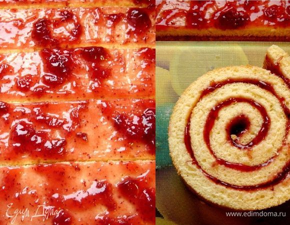 Края остывшего бисквита подровнять ножом,смазать джемом (ок.150-200 г) и разрезать на полоски по 2-3 см шириной,в зависимости от размера формы,в которой выпекался шоколадный бисквит. Полоски бисквита свернуть в рулет. Если рулет получился меньшего диаметра,чем шоколадный бисквит,то последний нужно подравнять по размеру рулета. От себя: я немного ошиблась с шириной полос рулета и он получился небольшим. Мне пришлось срезать часть шоколадного бисквита. Обрезки я окунула в смесь растопленного с маслом шоколада и этими кусочками украсила торт.