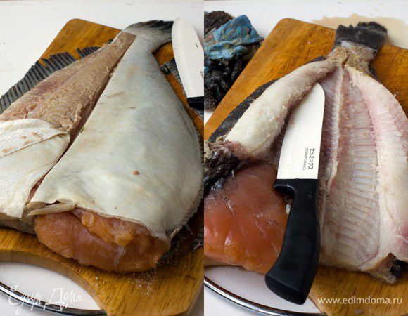  	Начать советую не с приготовления начинки, а с разделки рыбы. Если вдруг что-то пойдет не так, и вам не удастся красиво разделаться с камбалой, всегда можно изменить первоначальный замысел и просто поджарить или запечь рыбные стейки или филе. Хотя ничего сложного в этом процессе нет. Смотрите на фото и сами убедитесь.
 Итак, доску присыпать крупной солью, чтобы рыба не скользила, и положите на нее камбалу. Сделайте глубокий надрез вдоль всего спинного хребта и поперечный у линии хвоста. Отрежьте ножницами плавники. Помогая себе ножом, стяните с камбалы кожу от хвоста к голове. Переверните рыбу и сделайте то же самое с другой стороны. Держа нож горизонтально, срежьте мясо с реберных костей почти до конца, но не отделяя его полностью. То же самое проделайте с другой стороны рыбы. Моя камбала оказалась с икрой, я ее поджарила отдельно. Кстати, не советую брать икряную камбалу, на животе у нее из-за этого почти не было мяса.
