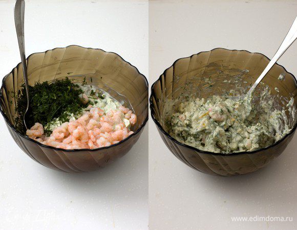  	Теперь начинка. Это очень просто и быстро. Сыр размять вилкой, добавить цедру лимона, влить сливки, добавить мелко порезанный укроп. Взбейте эту массу в блендере и добавьте креветки. Попробуйте, выравняйте на соль, перец. Солить, кстати, не советую. Сыр с плесенью весьма соленый. Начинка готова.