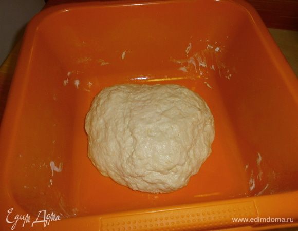 Просеять муку, добавить соль. Подогреть воду до температуры приблизительно 30 градусов. Смешать дрожжи и 150 мл воды. Муку насыпать горкой, сделать углубление, вылить воду с дрожжами и добавить остальную воду. Замешивать тесто. пока не сформируется в колобок. Затем выложить на рабочую поверхность и вымесить ещё минут 10. Смазать посуду растительным маслом.Уложить тесто, накрыть кухонной  плёнкой или посуду поместить в кулёк. Оставить на 5-6 часов при температуре 15-18 градусов.