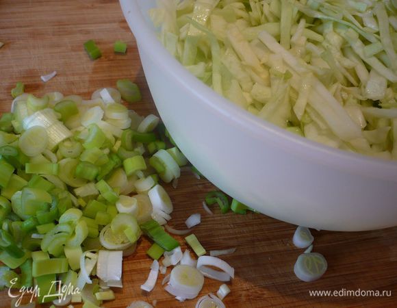 Разогреваем духовку до 160 градусов. Лук нарезаем колечками, а капусту полосочками. Добавляем в капусту примерно 1 ч.л. соли и «жамкаем» ее хорошенько, чтобы она дала сок (кстати, для борща и щей я капусту также готовлю, так вкуснее получается.)