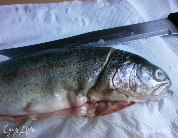 Подготовим рыбу для фарширования.Рыбу необходимо почистить от чешуи. Сделать первый надрез по спине вдоль плавника острым ножом. Слегка надавливая на рёбра и проводя ножом по коже, начинаем подрезать мясо с одной стороны. Также подрезаем и с другой стороны.