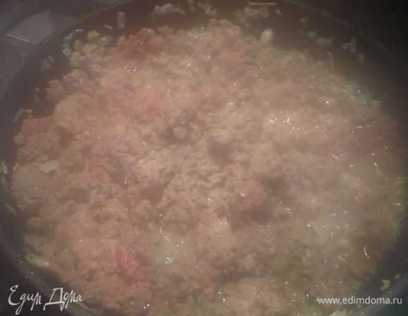 На сковороде с оливковым маслом обжариваем лук и чеснок, добавляем фарш, жарим до полной готовности, солим и перчим.
